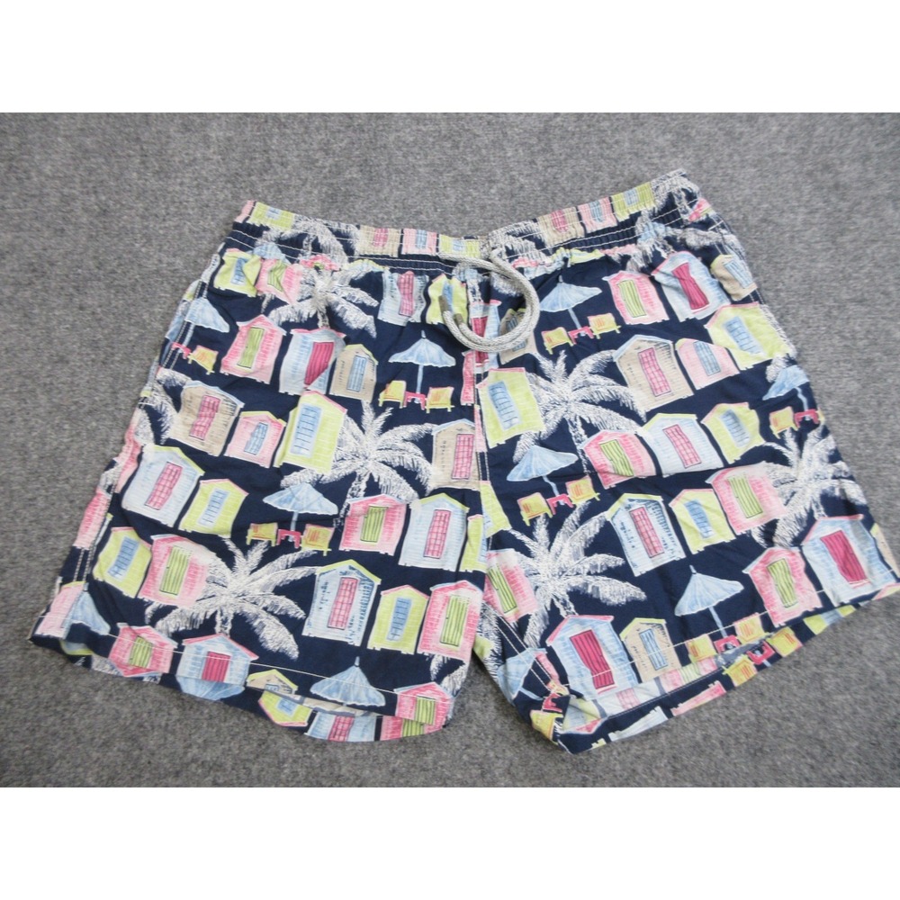 Vilebrequin Swim Trunks Mens XXL Navy Tropical Palm Beach Huts Drawstring Mesh